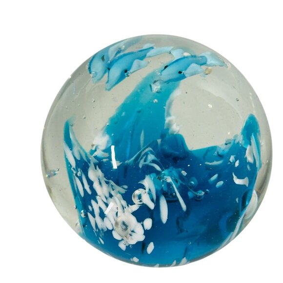 Art Glass Clear Round Paperweight with Controlled Bubbles Waves 3 Blue Dolphins - Picture 3 of 16